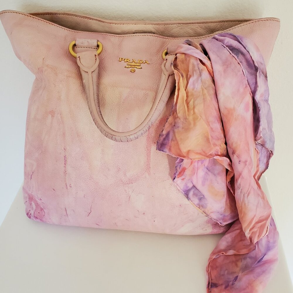 large Prada leather bag beige ivory Pink XL double handle Tote shopper tie dyed